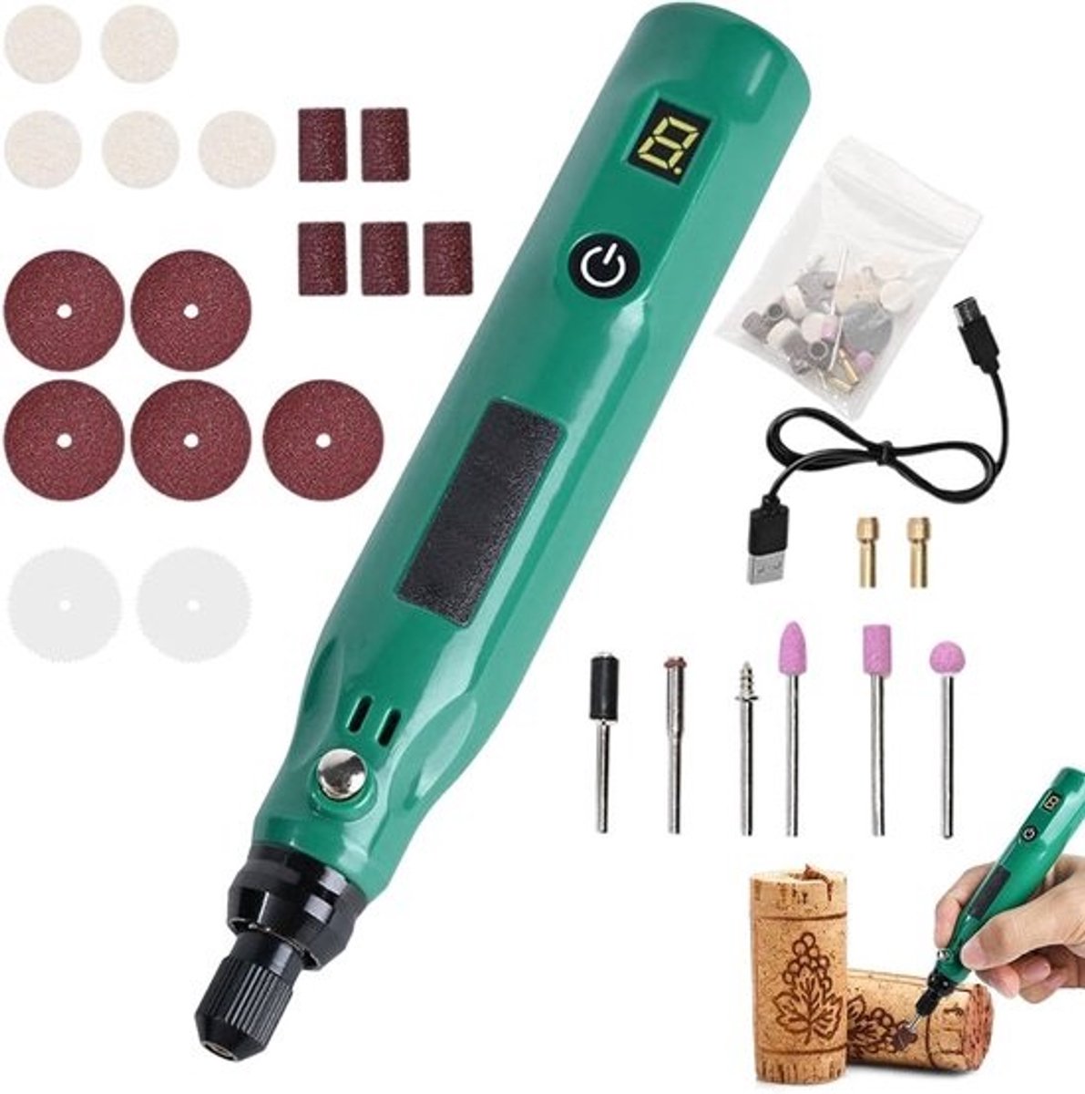 Graveerpen Draaigereedschap - Draagbare Boormachine - Hout en Metaal Bewerken - USB Opladen 3 Snelheden - 25 Delig - Zilver