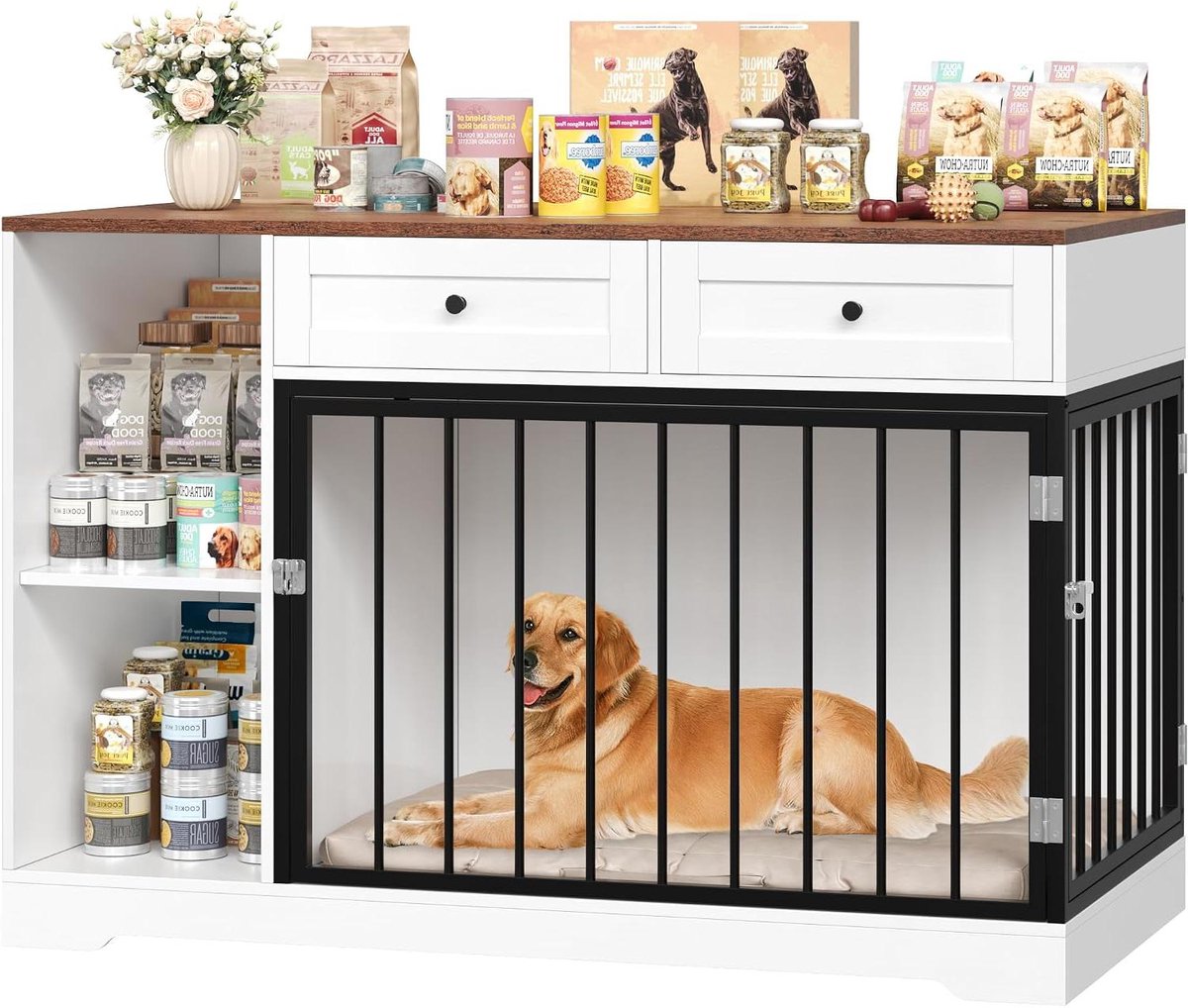 Hondenmand Meubel - Hondenverblijf Kast - Huisdier Organisatie - Met Lades - 120 cm Breed - Bruin Wit