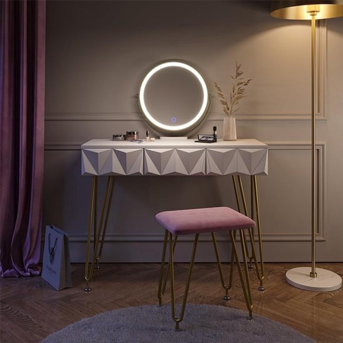 Stijlvolle Make-up Tafelset met Spiegel en LED Verlichting en Bijpassende Kruk