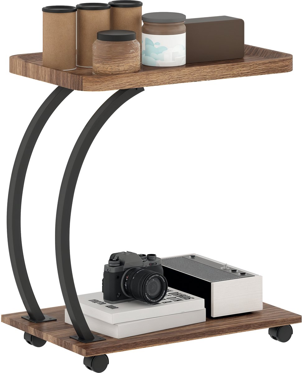C-vormig bijzettafeltje met wielen, blad en plank aan de onderkant voor bank of bed, 52x34x60 cm, bruin en zwart