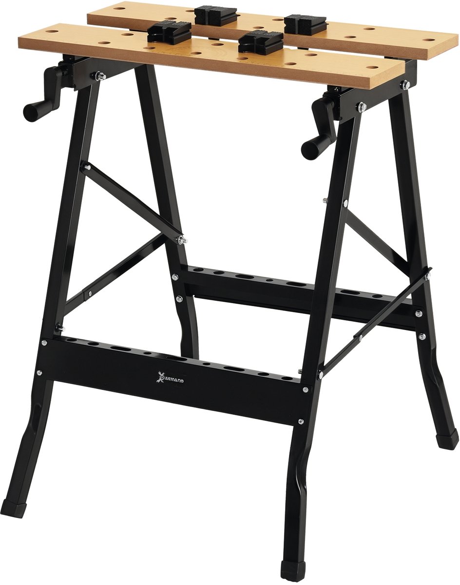 Opklapbare werkbank, draagbare werktafel met 4 klemgaten voor zaag, geschikt voor thuisgebruik, timmerwerk, ijzeren MDF, draagvermogen 70 kg, 56x62x75 cm, naturel zwart