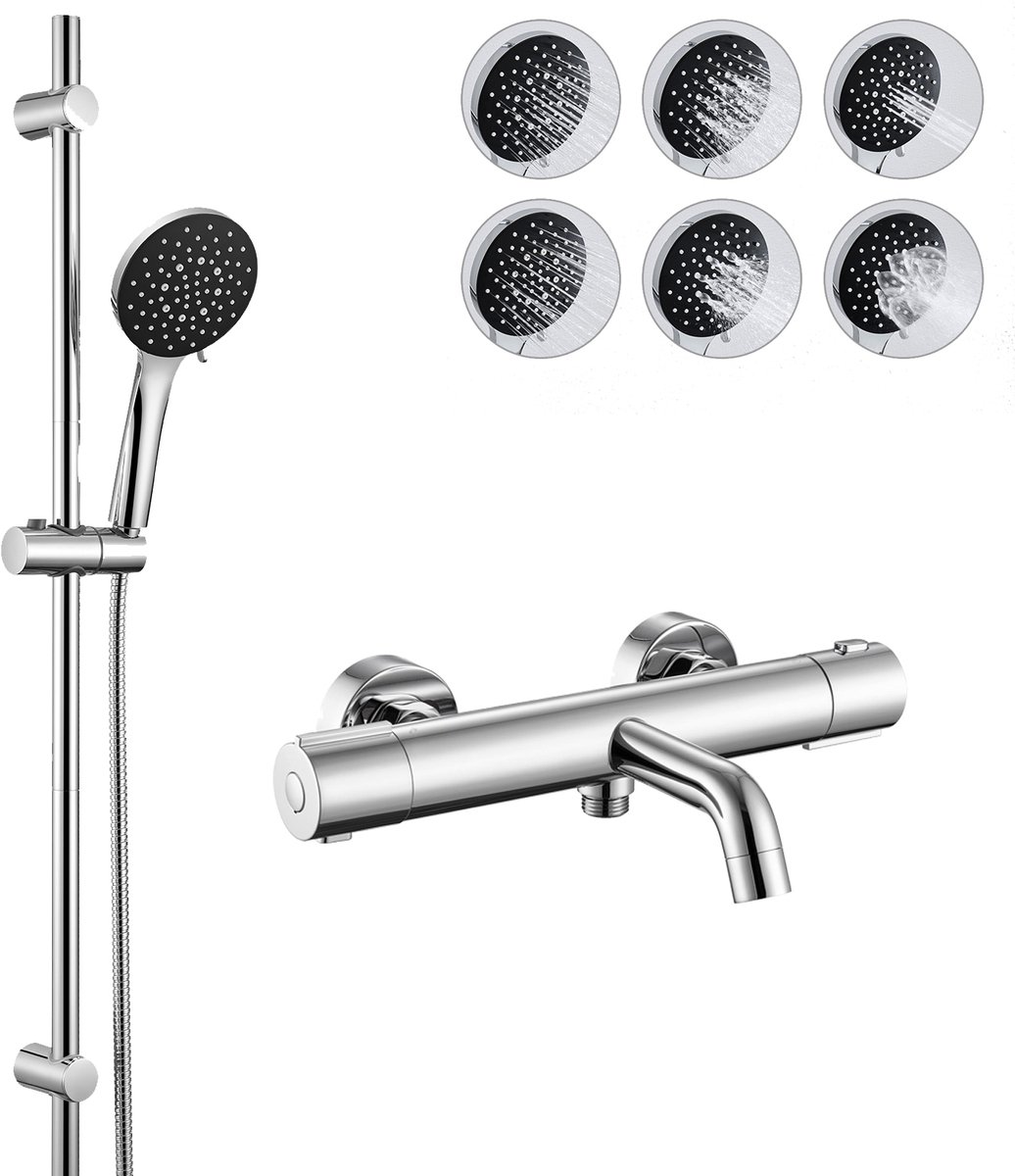 Auralum max Thermostatische Badkraan - 15 cm - 90 cm Glijstang Doucheset - 6 Standen Douchekop - Hoge Druk - Anti-Kalk - RVS Glijstangset - Met CoolTouch technologie - Chroom