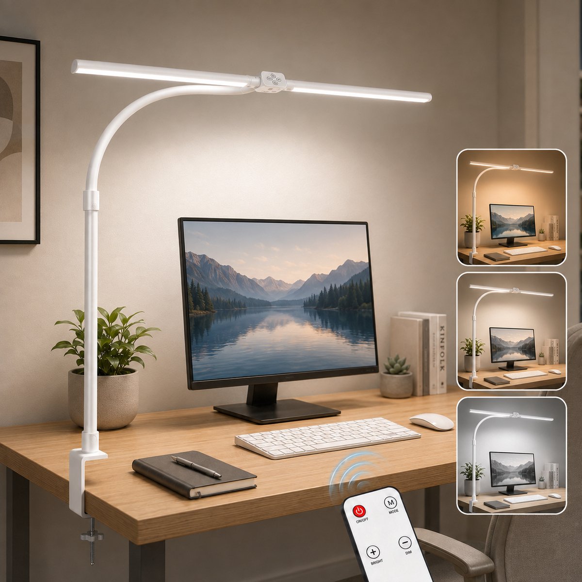 Lapamax Bureaulamp LED Dimbaar met Klem Ø80 cm-Werklamp met Dubbele Lichtkop 180° Verstelbaar
