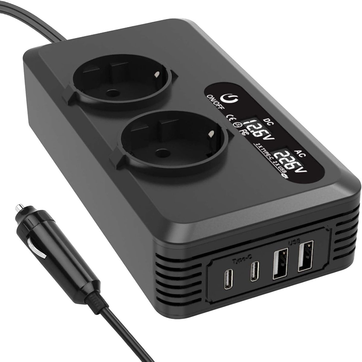 200W auto-spanningsomvormer - 12V naar 220V - Met 2 oplaadaansluitingen - 2 USB-poorten en 2 Type-C-poorten - Sigarettenaanstekeradapter voor mobiele telefoons in laptops