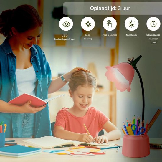 SSTRWGOOD Kinderbureaulamp met pennenhouder - Dimbaar LED-nachtlampje - 3 kleurtemperaturen - 360° draaibare arm - Oplaadbare lees- en studielamp - Roze — afbeelding 5