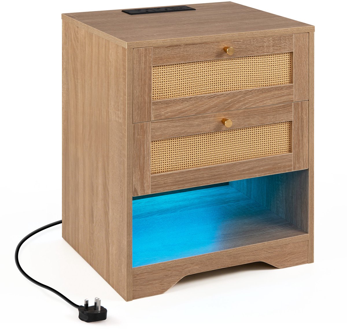 SureDeal® - Nachtkastje - LED lampen - Oplaadstation Bijzettafel Rattan - 50x40x60 cm - Naturel