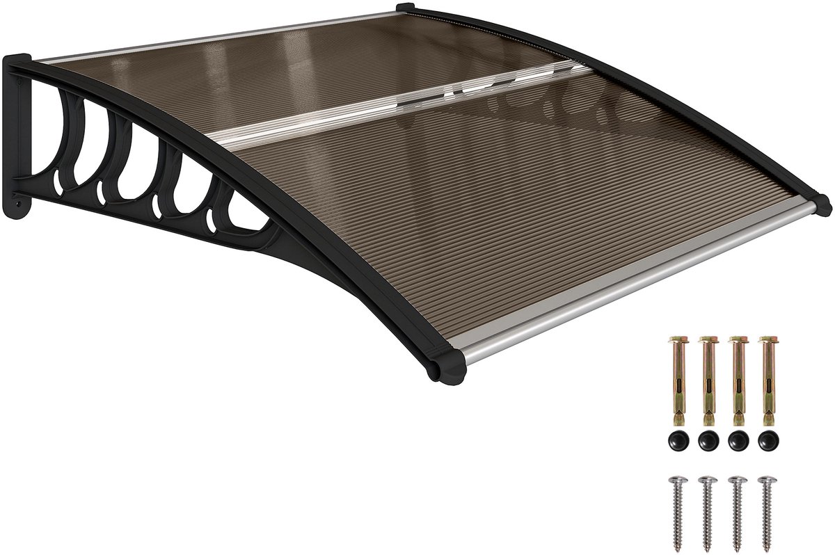 Buitenzonnescherm voor deuren en ramen 103x96,5x27 cm Zon- en regenbescherming met steun Aluminiumlegering Transparant Bruin Polycarbonaat