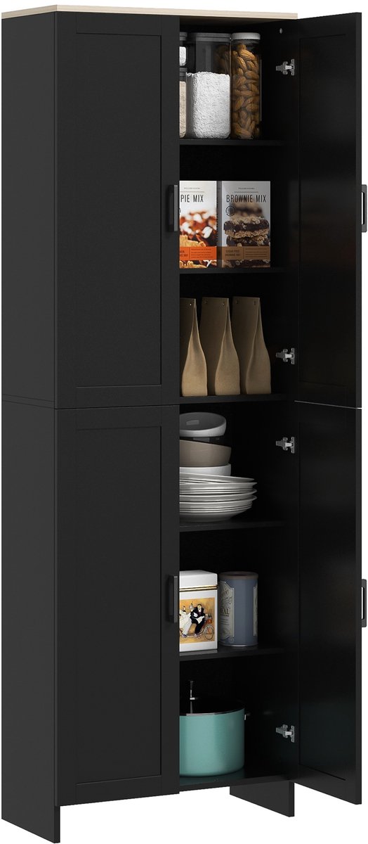 Keukenkast, multifunctionele opbergkast met 4 deuren en verstelbare planken, 60x30x170,5 cm, zwart