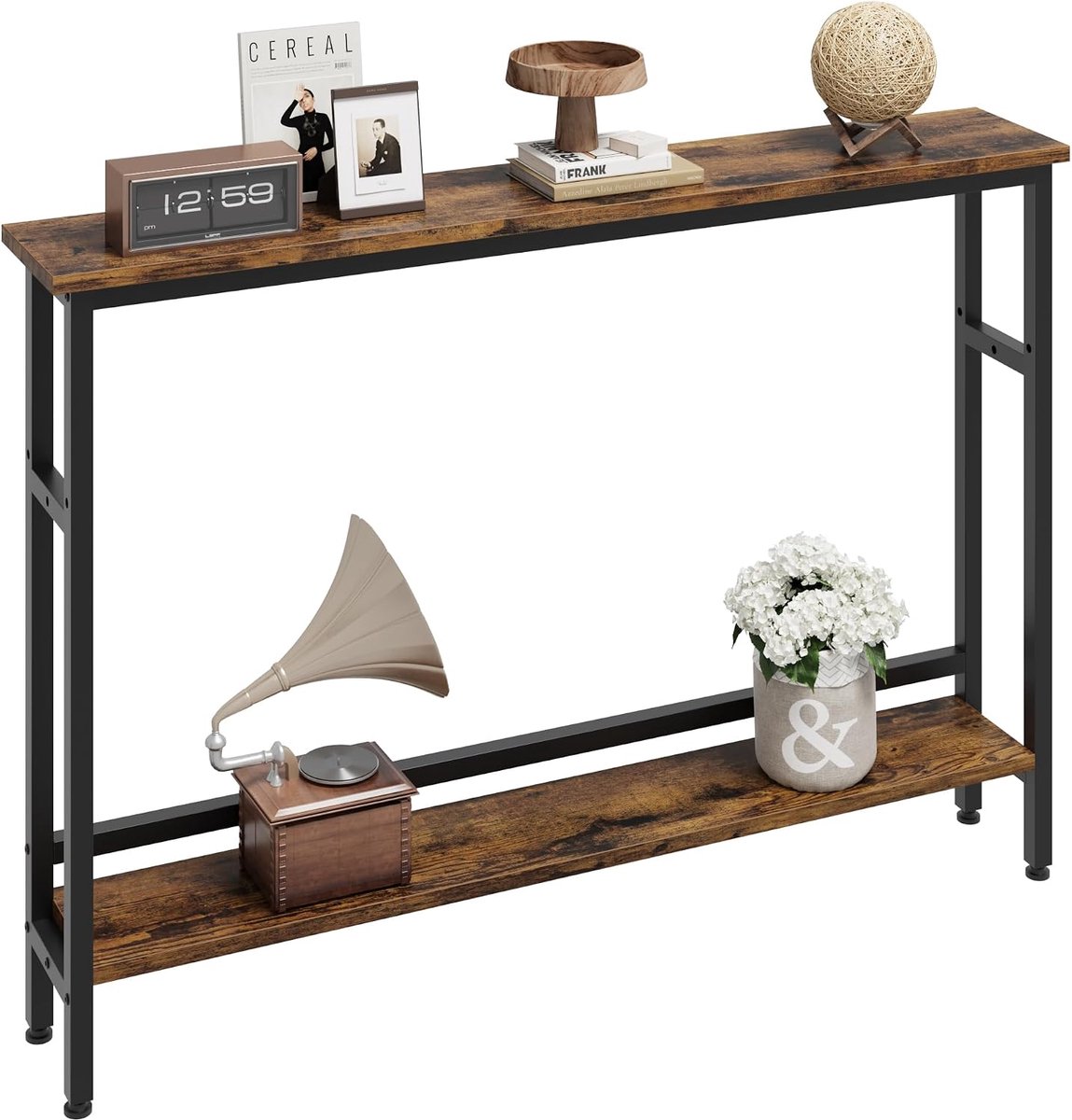 Smalle Sidetable - Console Tafel 100 cm Breed - Slechts 15 cm Diep - Haltafel met Verstelbare Plank - Industrieel Design - Grijs Houtlook - Achter de Bank Tafel