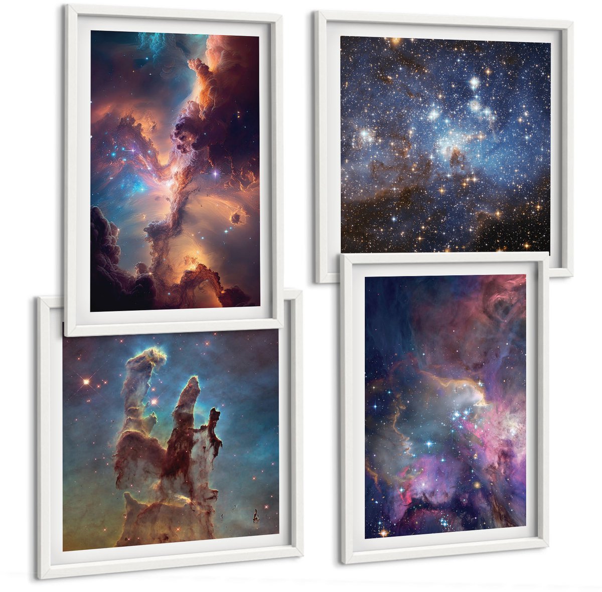 Wallfluent 4-Delige Schilderij Set - Ruimtelandschappen Met Sterren En Nevels - 40 x 40 En 40 x 60 - Muurdecoratie - Interieur Decoratie - Stijlvolle Muurdecoratie