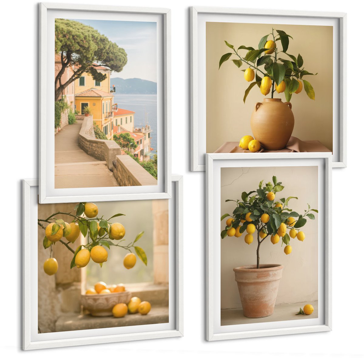 Wallfluent 4-Delige Schilderij Set - Citroenbomen In Potten En Op De Vensterbank - 40 x 40 En 40 x 60 - Decoratieve Muurdecoratie - Slaapkamer - Stijlvolle Muurdecoratie