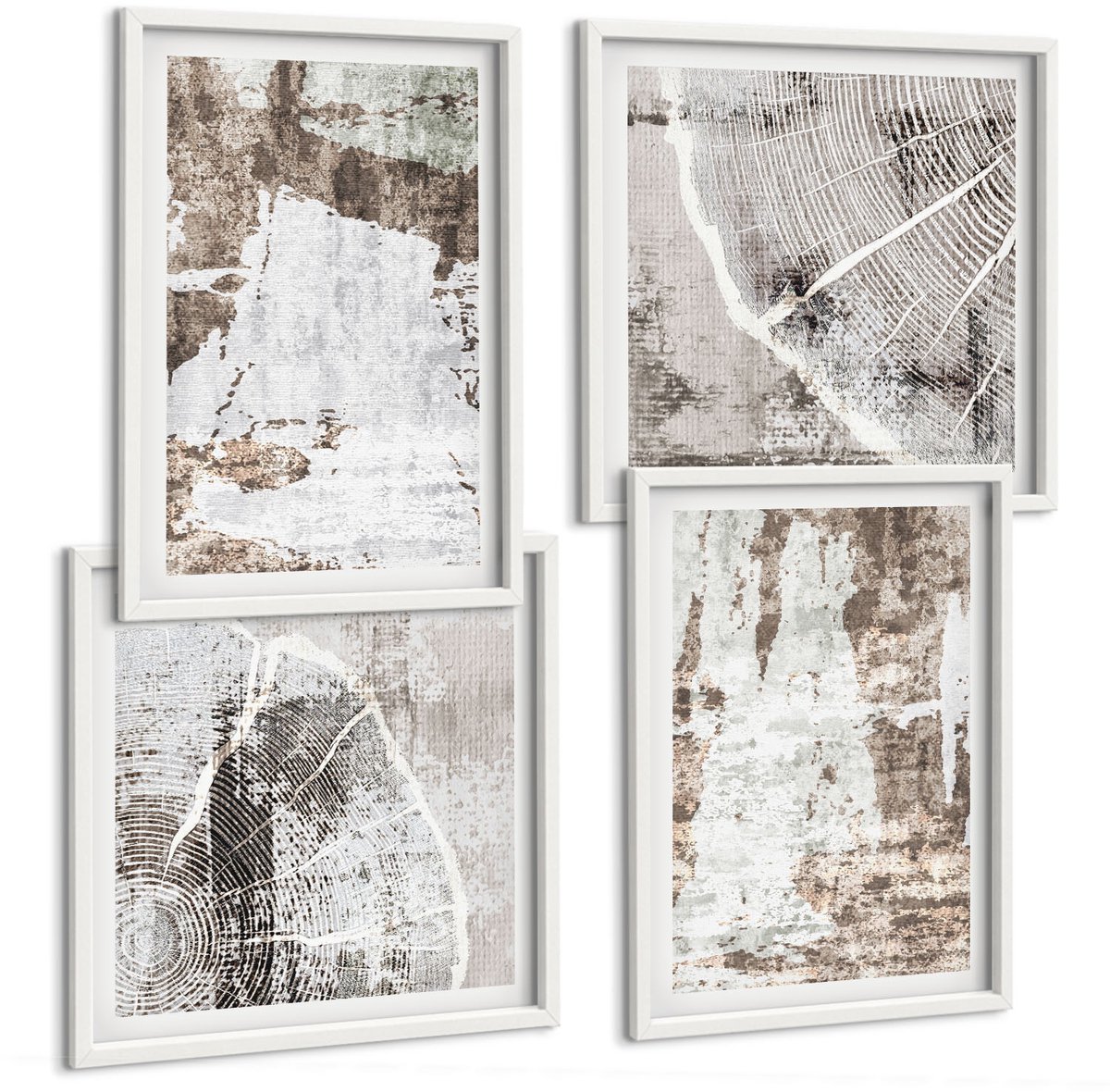 Wallfluent 4-Delige Schilderij Set - Abstracte Patronen In Tinten Wit En Bruin. - 40 x 40 En 40 x 60 - Wanddecoratie - Schilderijen Set - Interieur