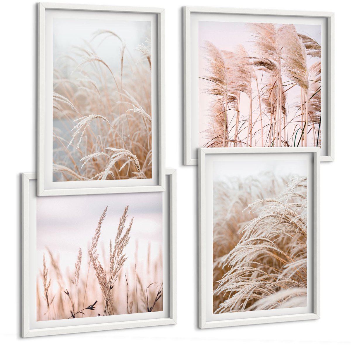 Wallfluent 4-Delige Schilderij Set - Grasvelden In Delicate Tinten Bruin En Beige. - 40 x 40 En 40 x 60 - Wanddecoratie - Schilderijen Set - Interieur - Interieur Decoratie