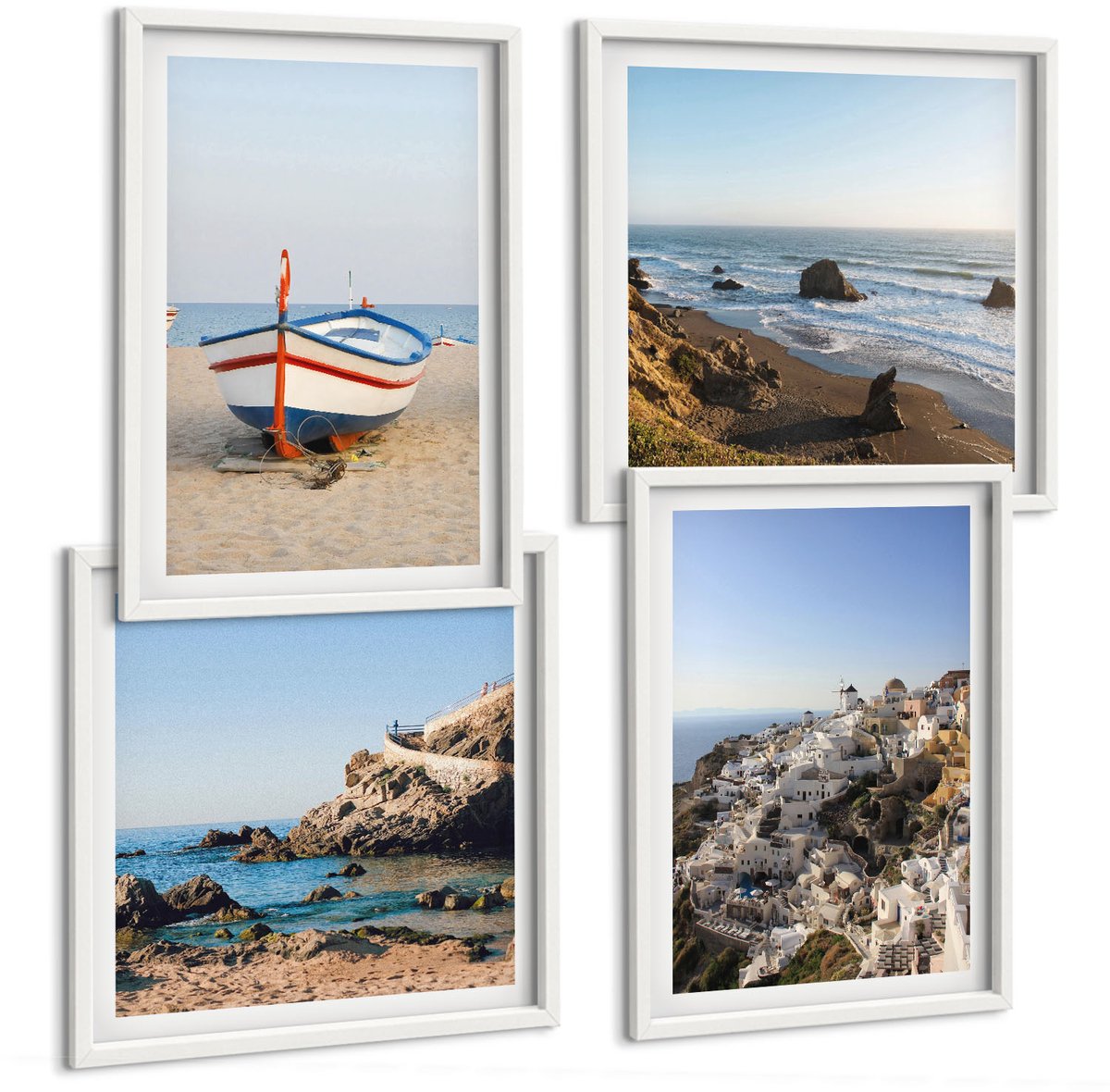 Wallfluent 4-Delige Schilderij Set - Uitzicht Op Zee Met Boten En Witte Huizen In Griekenland - 40 x 40 En 40 x 60 - Wanddecoratie - Schilderijen Set - Kantoor