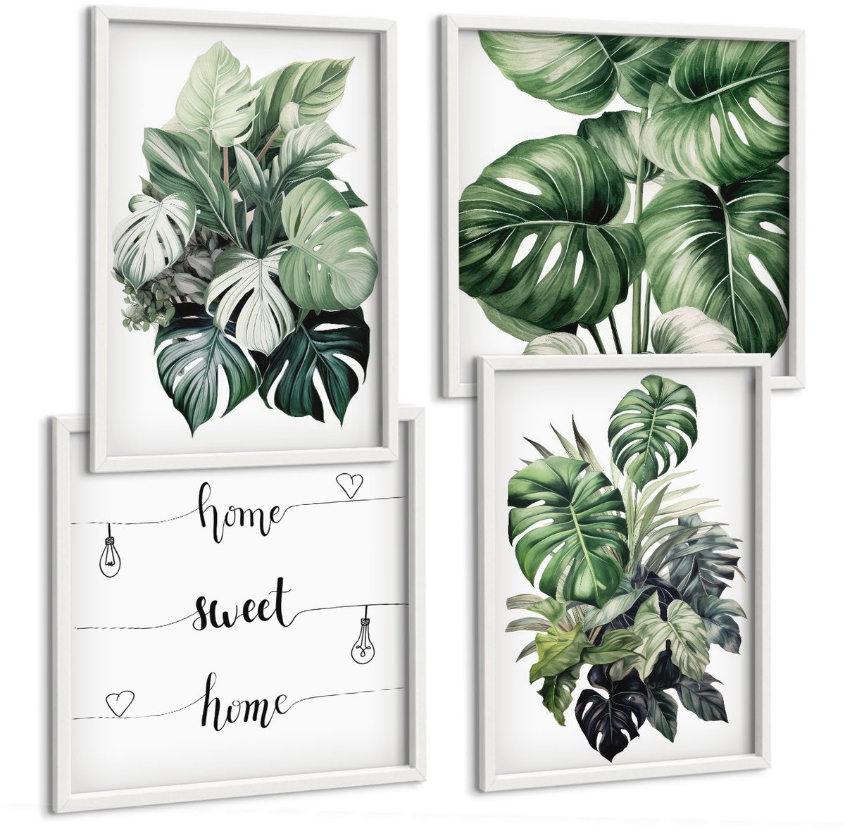 Wallfluent 4-Delige Schilderij Set - Groene Bladeren Van Tropische Planten, Aquarelverf - 40 x 40 En 40 x 60 - Wanddecoratie - Schilderijen Set - Interieur - Woonkamer Decoratie