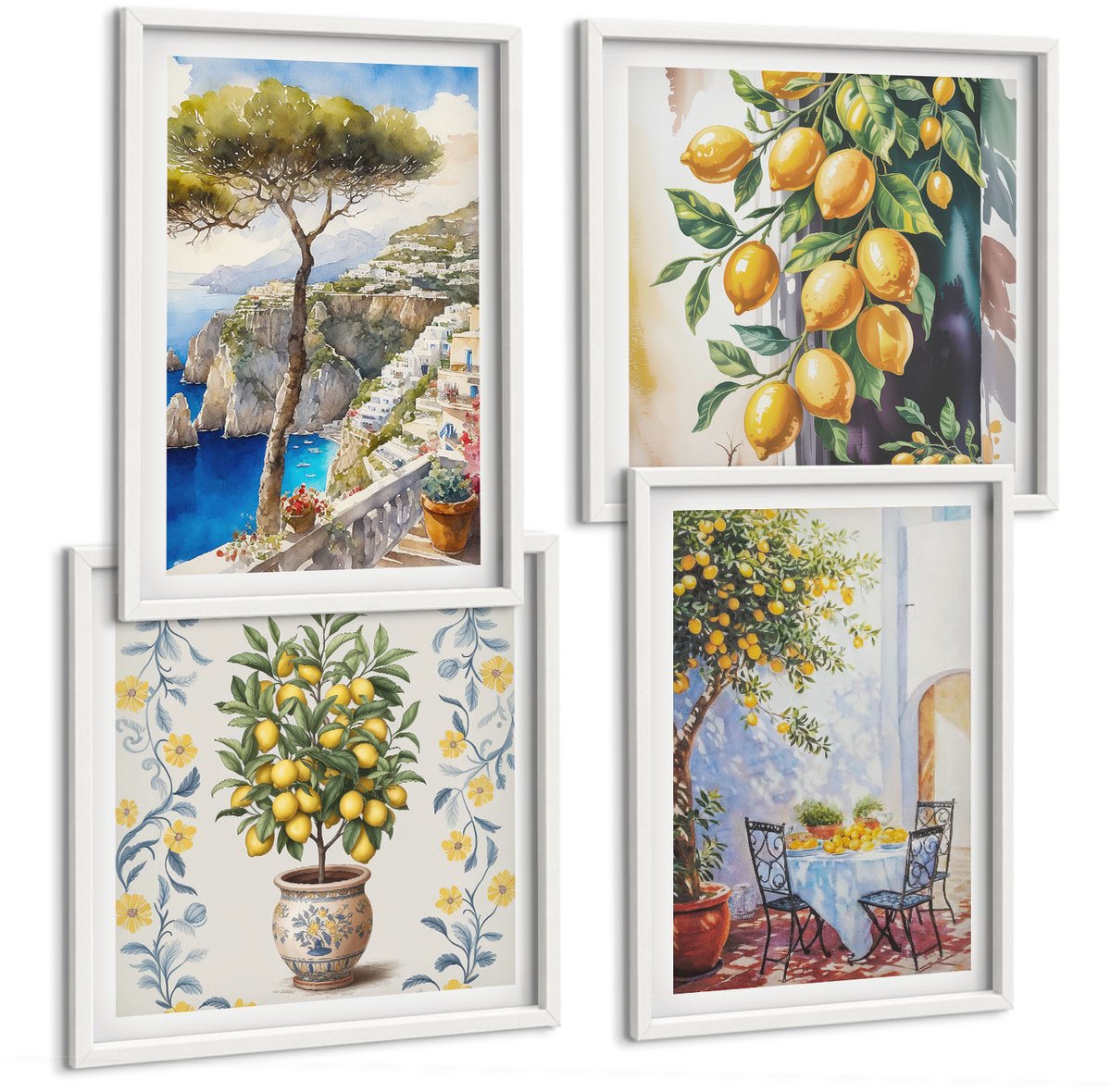 Wallfluent 4-Delige Schilderij Set - Citroenbomen En Geschilderde Zeegezichten - 40 x 40 En 40 x 60 - Stijlvolle Muurdecoratie - Kantoor