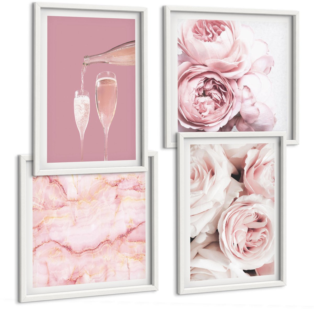 Wallfluent 4-Delige Schilderij Set - Champagnekleurige Rozen En Een Pastelkleurige Marmeren Achtergrond - 40 x 40 En 40 x 60 - Stijlvolle Wanddecoratie - Interieur - Moderne Wanddecoratie