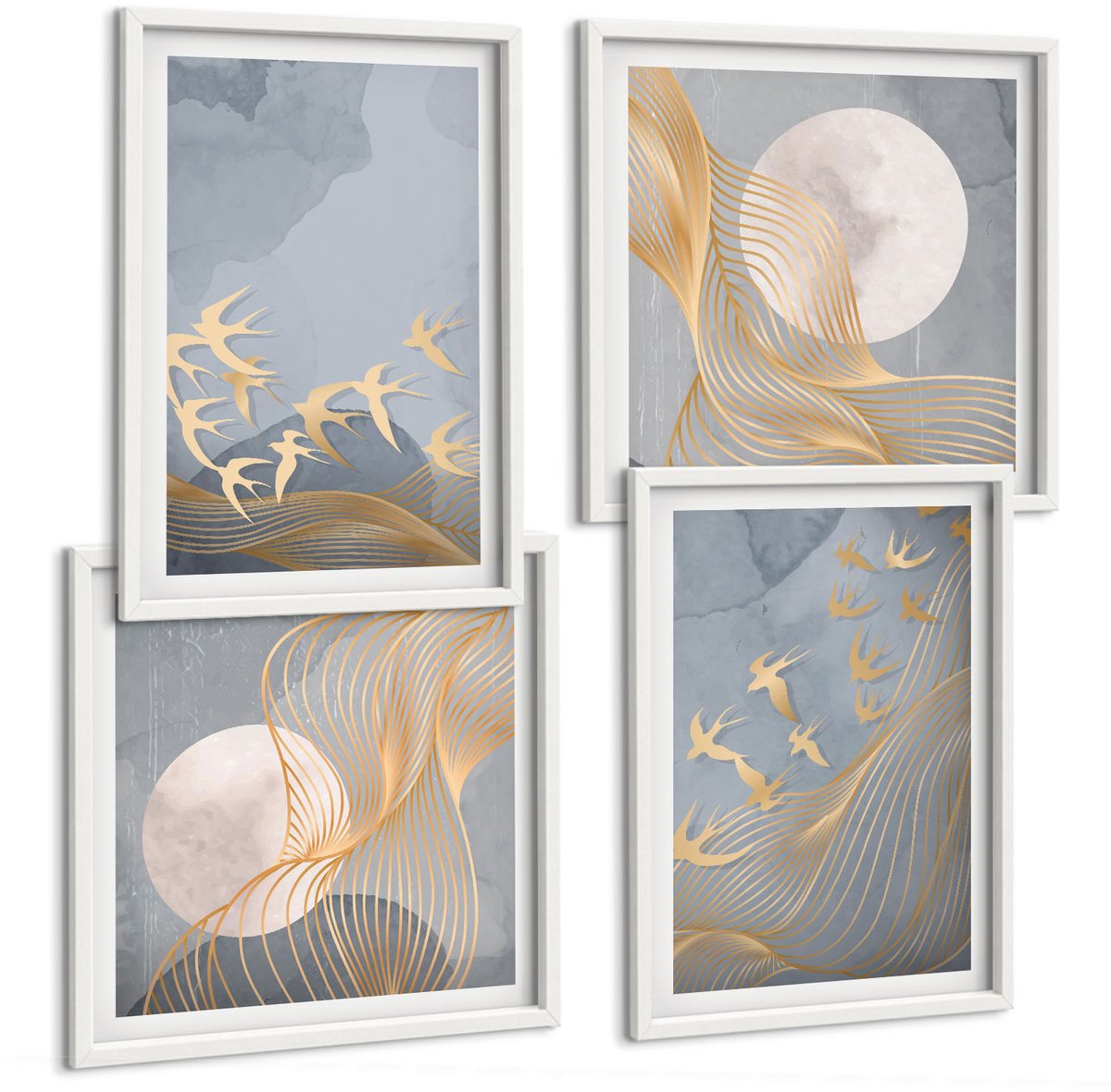 Wallfluent 4-Delige Schilderij Set - Vogels In Vlucht Tegen De Hemel En De Maan. - 40 x 40 En 40 x 60 - Wanddecoratie - Muurdecoratie - Woonkamer