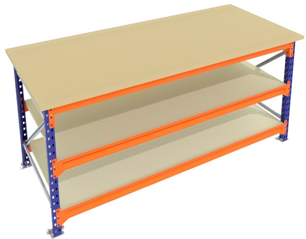 Werkbank & Inpaktafel vast model Blauw 200cmx105cm - 3 niveaus (multiplex)