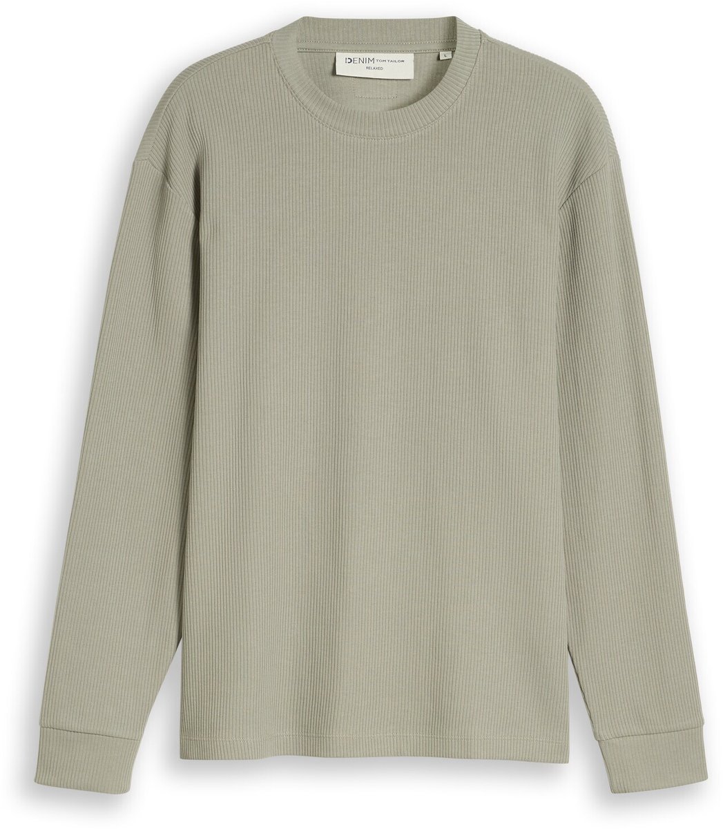 Tom Tailor Denim - T-shirt met lange mouwen in relaxed fit en geribde structuur - Maat XS - dark sage green