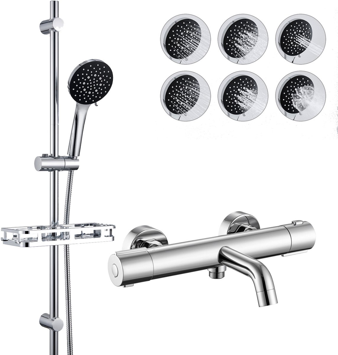Auralum max Thermostatische Badkraan - 15 cm Hartafstand - 2 Functies Doucheset - Verstelbare Glijstang 90 cm - Met Plankje - 6 Standen Handdouche - Incl 38°c Veiligheidsslot - Waterbesparend - Chroom&Zwart