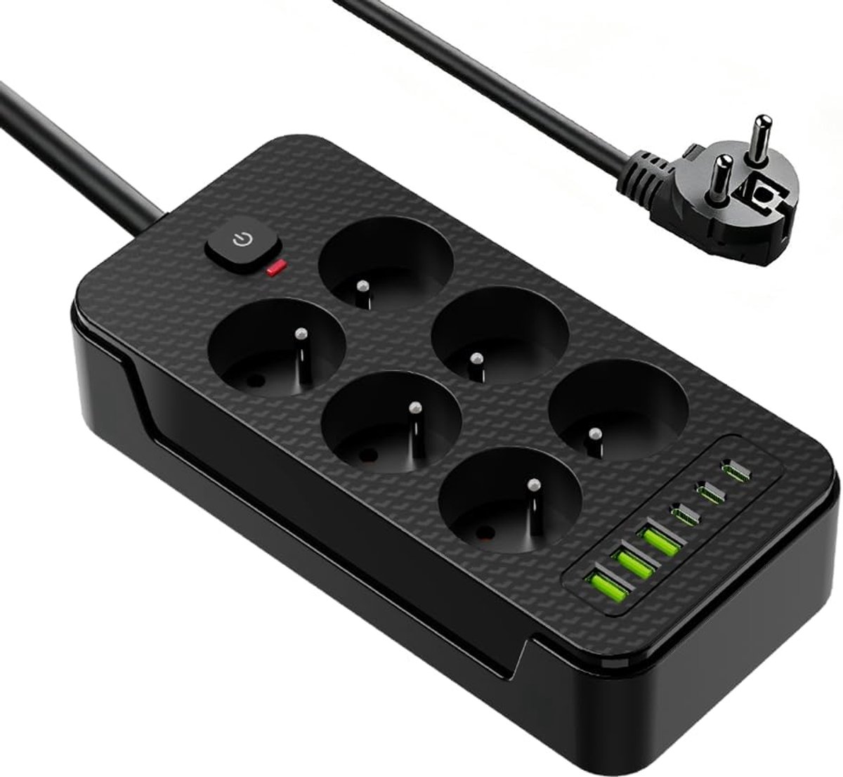 Een stekkerdoos met 6 stopcontacten, een USB-poort, type E/2P+T en een schakelaar.