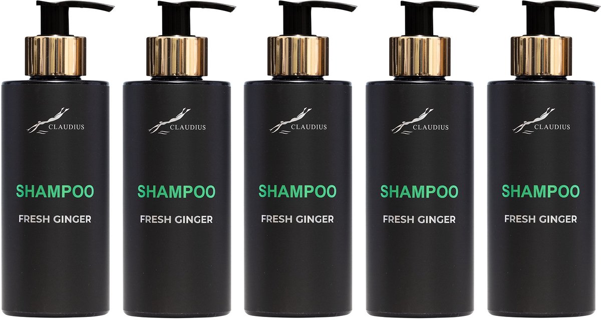 Shampoo Fresh Ginger 300 ml - met gouden pomp - zwarte fles - set van 5 stuks - Voordeelverpakking