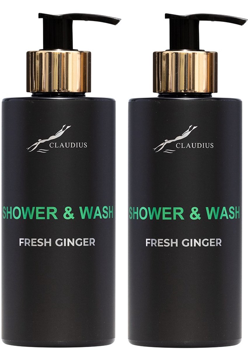 Shower & Wash Fresh Ginger 300 ml - met gouden pomp - zwarte fles - set van 2 stuks - Voordeelverpakking