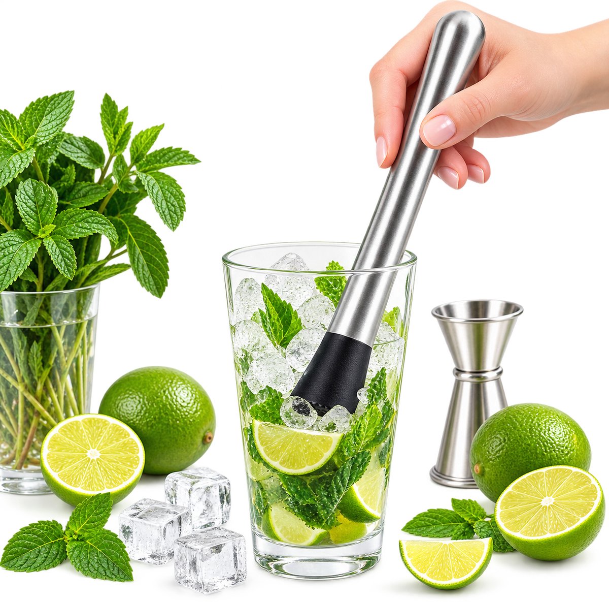 Cocktail Stamper RVS – Cocktail Muddler voor Mojito, Limoen, Munt & Fruit – Zilver met Zwarte Stamperkop – 1 Stuk