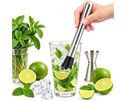 Cocktail Stamper RVS – Cocktail Muddler voor Mojito, Limoen, Munt & Fruit – Zilver met Zwarte Stamperkop – 1 Stuk
