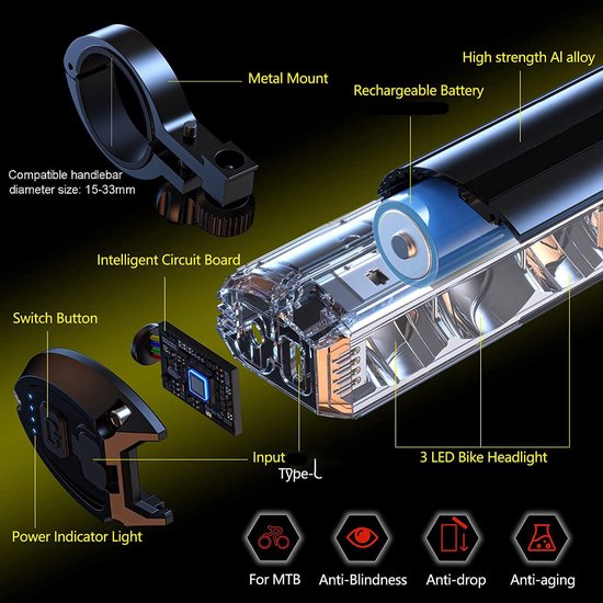 Namajunas - Fietsverlichting Set LED - Fietsverlichting - Fietslamp - Fietslampje - Voorlicht - MTB & Racefiets Verlichting - Waterdicht Fietslicht - USB oplaadbaar — afbeelding 2