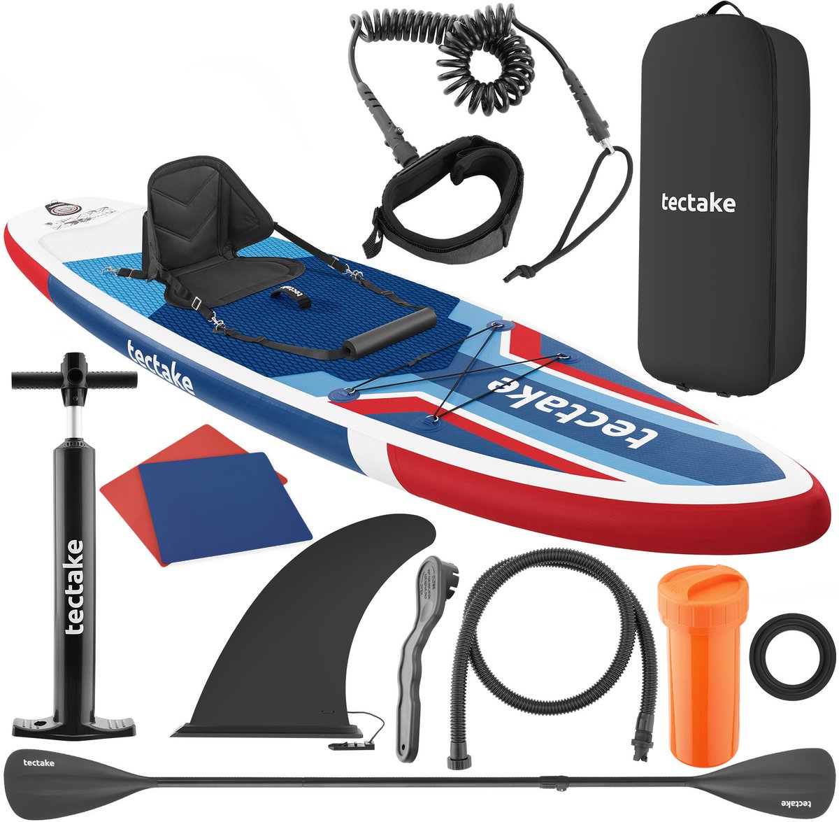 tectake® Stand-Up Paddle Board 320 cm – 2-in-1 Opblaasbaar SUP Board – Complete Set met Kajakzitje, Peddel, Pomp en Rugzak – Antislip EVA Dek – Max. 200 kg – rood / blauw