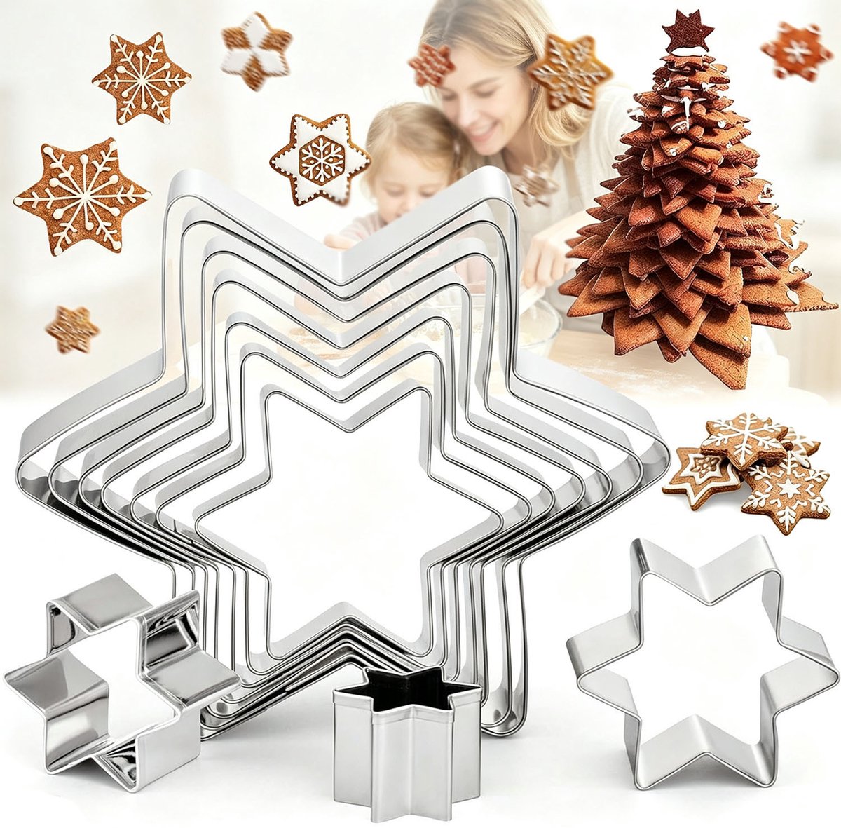 Uitsteekvorm - 10 Stuks - Koekvormpjes set - Ster Koekjes Vormen - Uitstekers - Uitsteekvormpjes Set - Koekjes Vormen - Bakvormpjes voor Koekjes - Set Kerst uitstekers - DIY Artikelen voor Kinderen - RVS - Zilver
