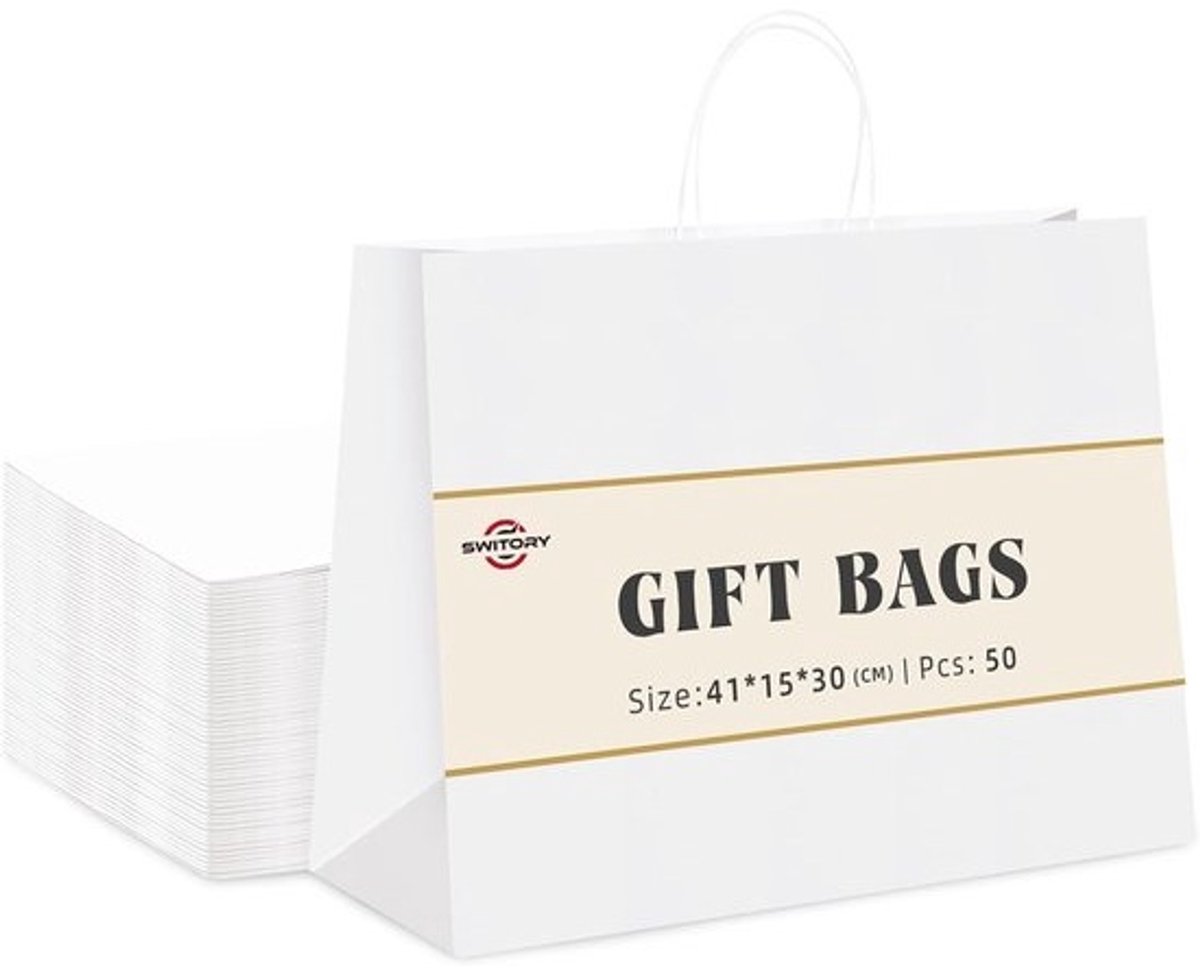 Grote feestzakken - 50 stuks witte papieren zakken 40 x 15 cm met handgrepen voor feestgifts en speciale gelegenheden