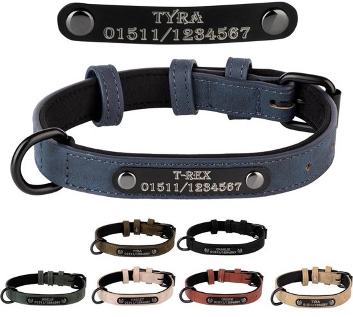 Gepersonaliseerde hondenhalsband met naam gravure - Leer, blauw, M