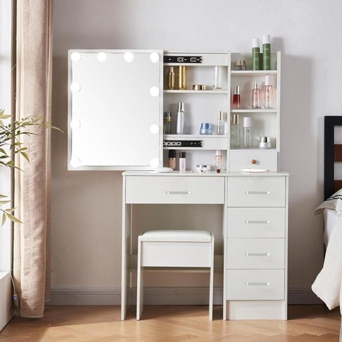 Make-uptafel met verlichting en spiegel - 3 kleurlichten - 6 laden - kruk - slaapkamer kinderkamer - 80 x 36 x 130 cm make up tafel
