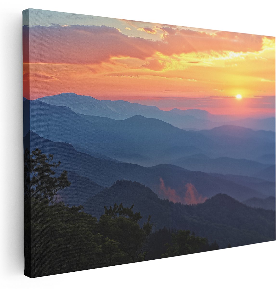 Artaza Canvas Schilderij Zonsondergang boven de Bergen - 160x120 cm - Groot - Wanddecoratie Woonkamer - Schilderijen - Muurdecoratie