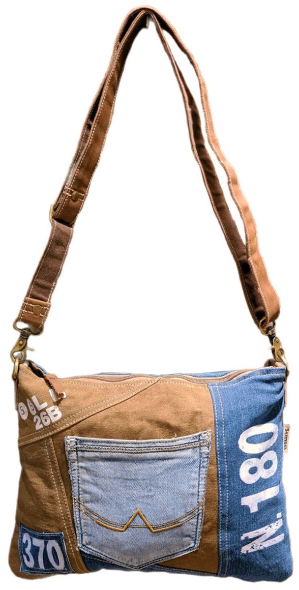Sunsa-Tas-Denim-Canvas-Leer-gerecyclede jeans-N180-dames-heren-Retro-Vintage-Streetwear-39cmx28cmx5cm-Denim/Bruin