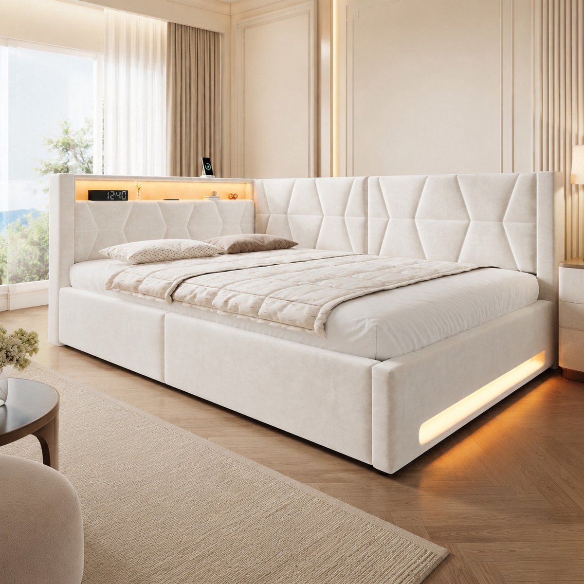 MODENUIT Bedframe 140 x 200 cm - Opbergruimte, LED, USB En Type-C - Met Lattenbodem - Slaapkamer - Samt - Beige