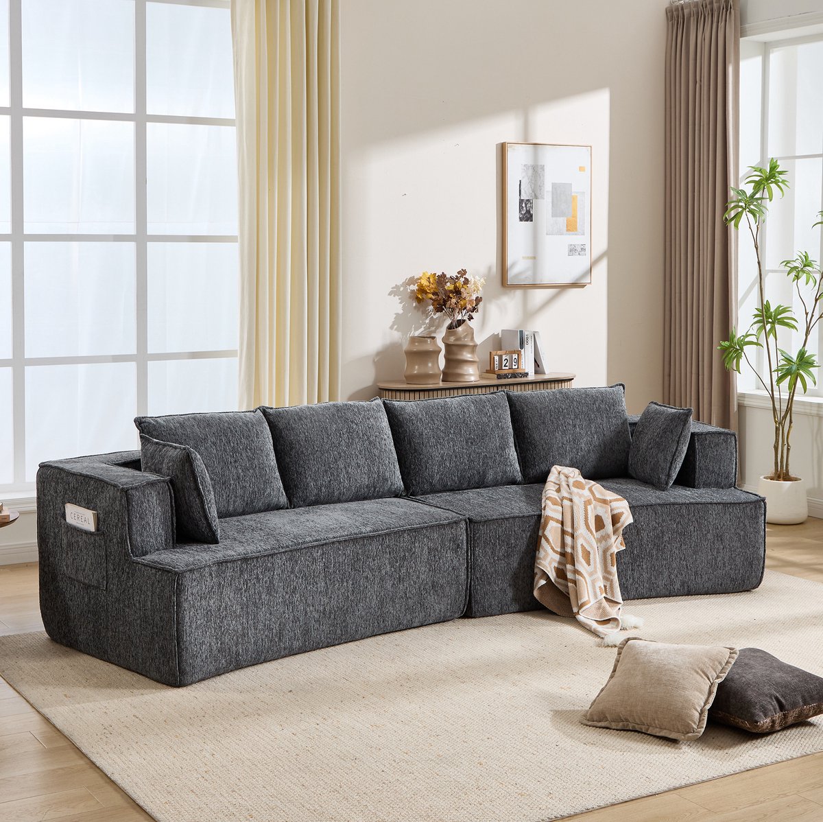 MODENUIT Bank 302 Cm - Modulaire Hoekbank Met Zachte Zit - Voor Woonkamer En Bureau - Velvet - Donkergrijs