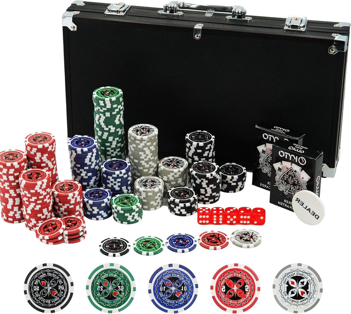 Pokerset Koffer - Texas Holdem Set - Casino Spelen - 300 Delige Set - Medium Grootte - Multicolor