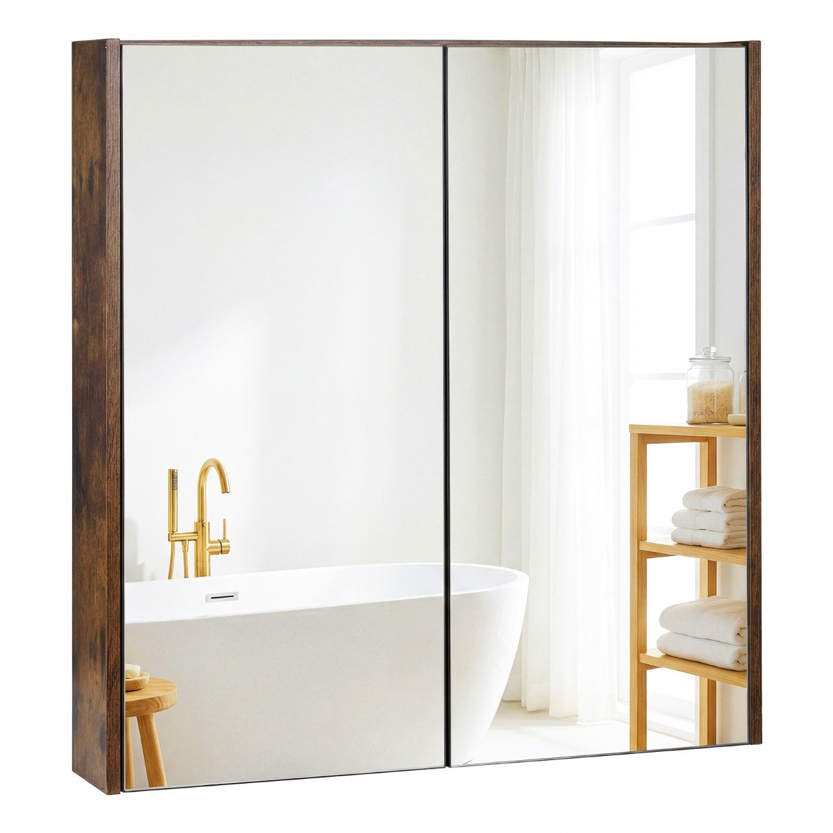 SureDeal® - Hangkast - Badkamerkast - Twee Spiegeldeuren Spiegelkast - Planken Badkamerspiegel Wandgemonteerde - 62x11x65 cm - Koffiebruin