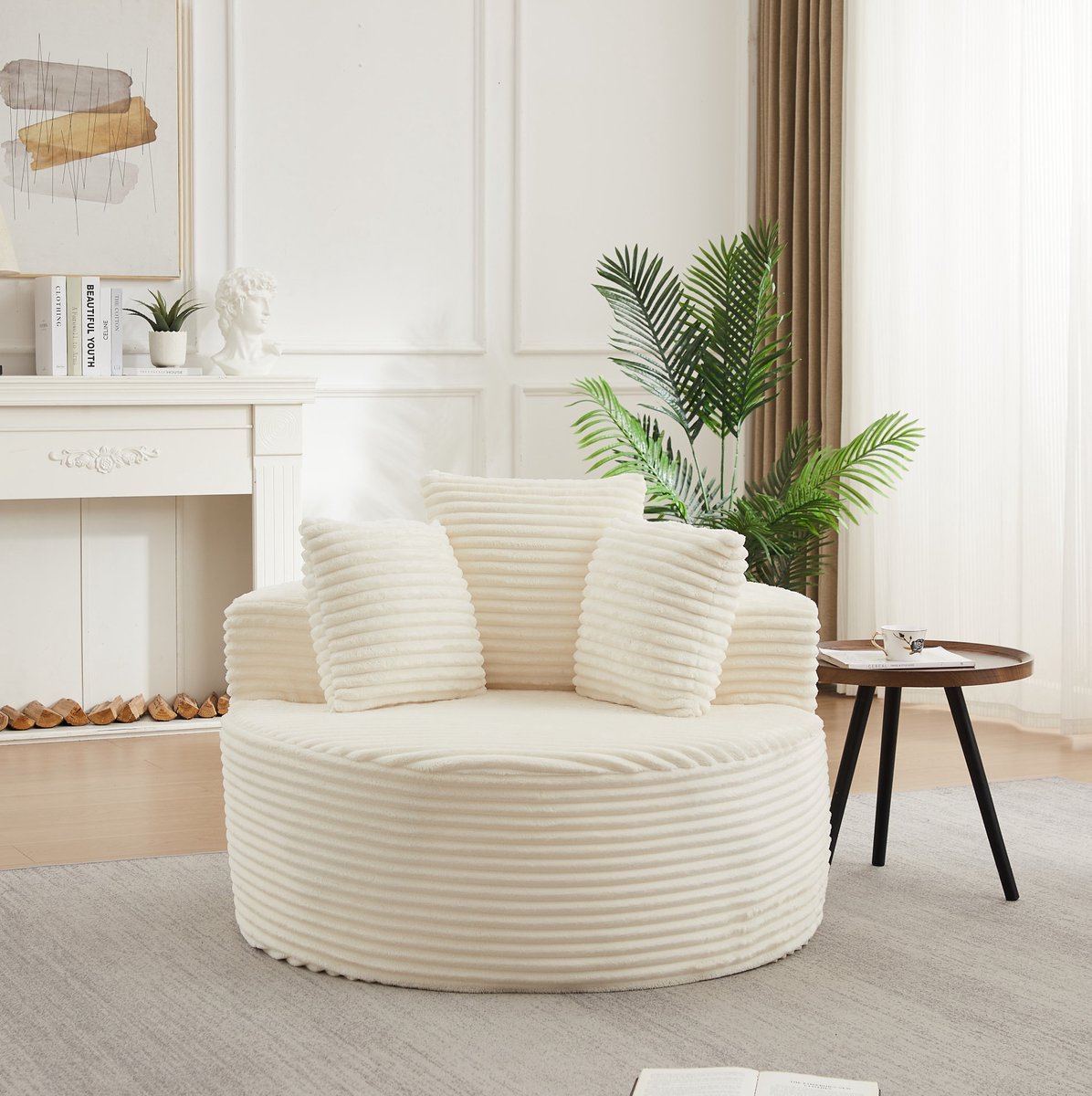 MODENUIT Fauteuil Rond 110 cm - 3 Sierkussens - Brede Armleuningen - Voor Woonkamer - Corduroy Beige