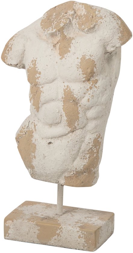 Mannelijk torsobeeld van magnesium in verweerde ecru en beige tinten, geplaatst op een bijpassende voet.