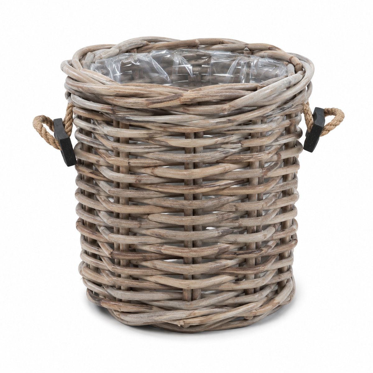 Ronde Rotan Mand - Ø44xH50 cm - Plantenmand - Houtmand - Handvatten Jute/Hout