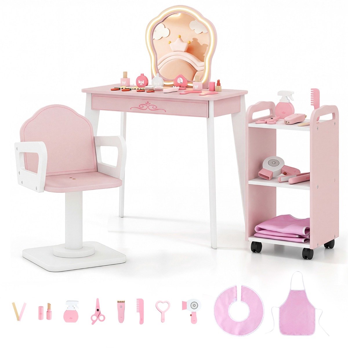 SureDeal® - Kaptafel - Kaptafel - Draaistoel - Kapperswagen Kapperstafel - Verstelbare Verlichting - Afneembare Spiegel - 65x35x91 cm - Roze