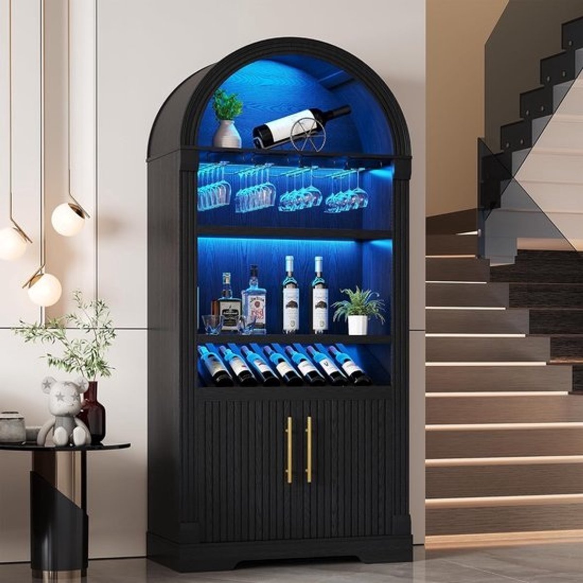 LVSOMT Led-boog, wijnkast, hout, 180 cm, barkast, modern, 3 kleuren licht, 4 rijen rode wijnglazen plank, opbergkast voor 2 deuren, wijnkasten voor keuken, eetkamer, woonkamer, zwart