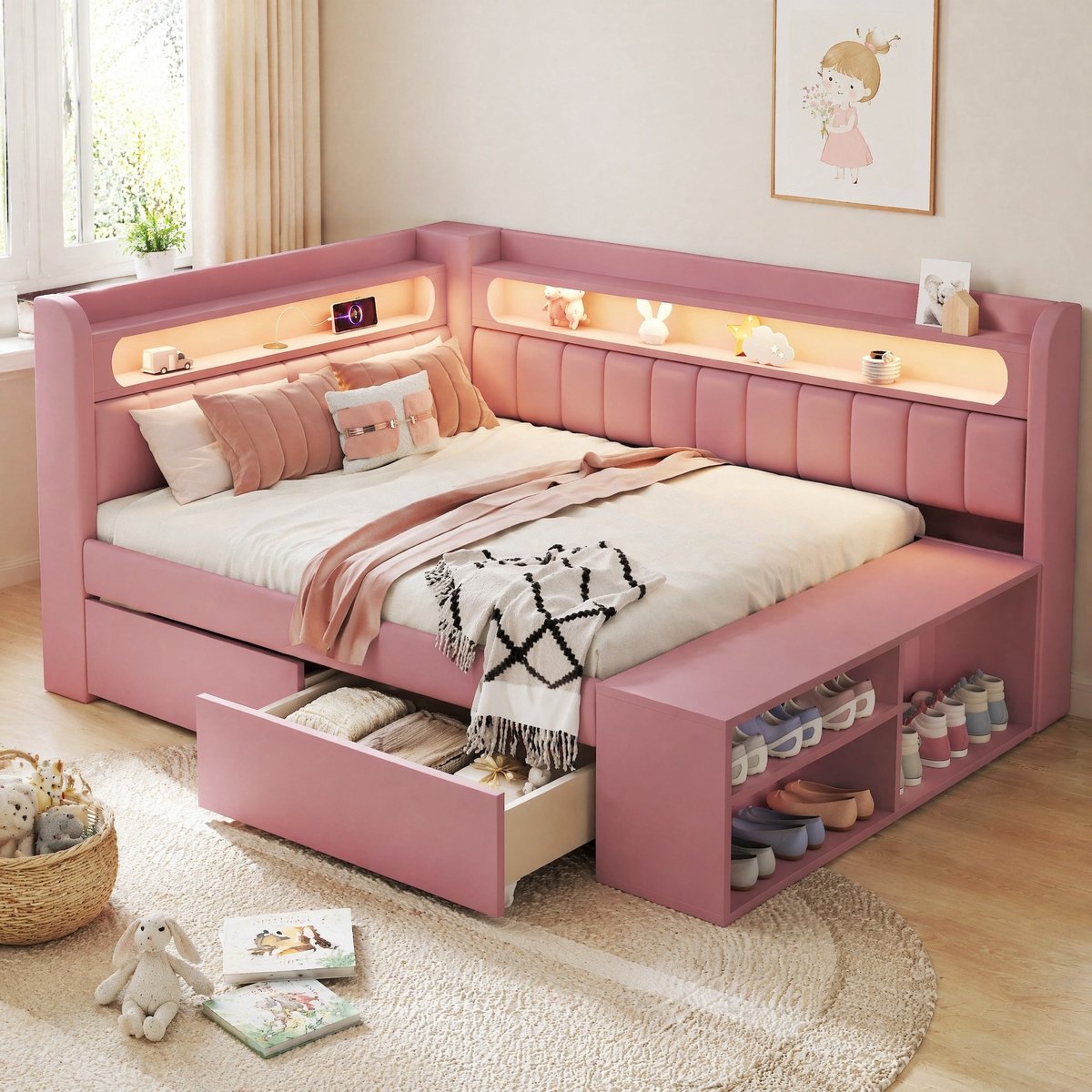 REDOM - Bedframe met opbergruimte - LED verlichting - USB-aansluiting - Met laden en schoenenkast - Moderne stijl - Slaapkamer - MDF en stof - Roze - 212,5 x 104 x 91,5 cm