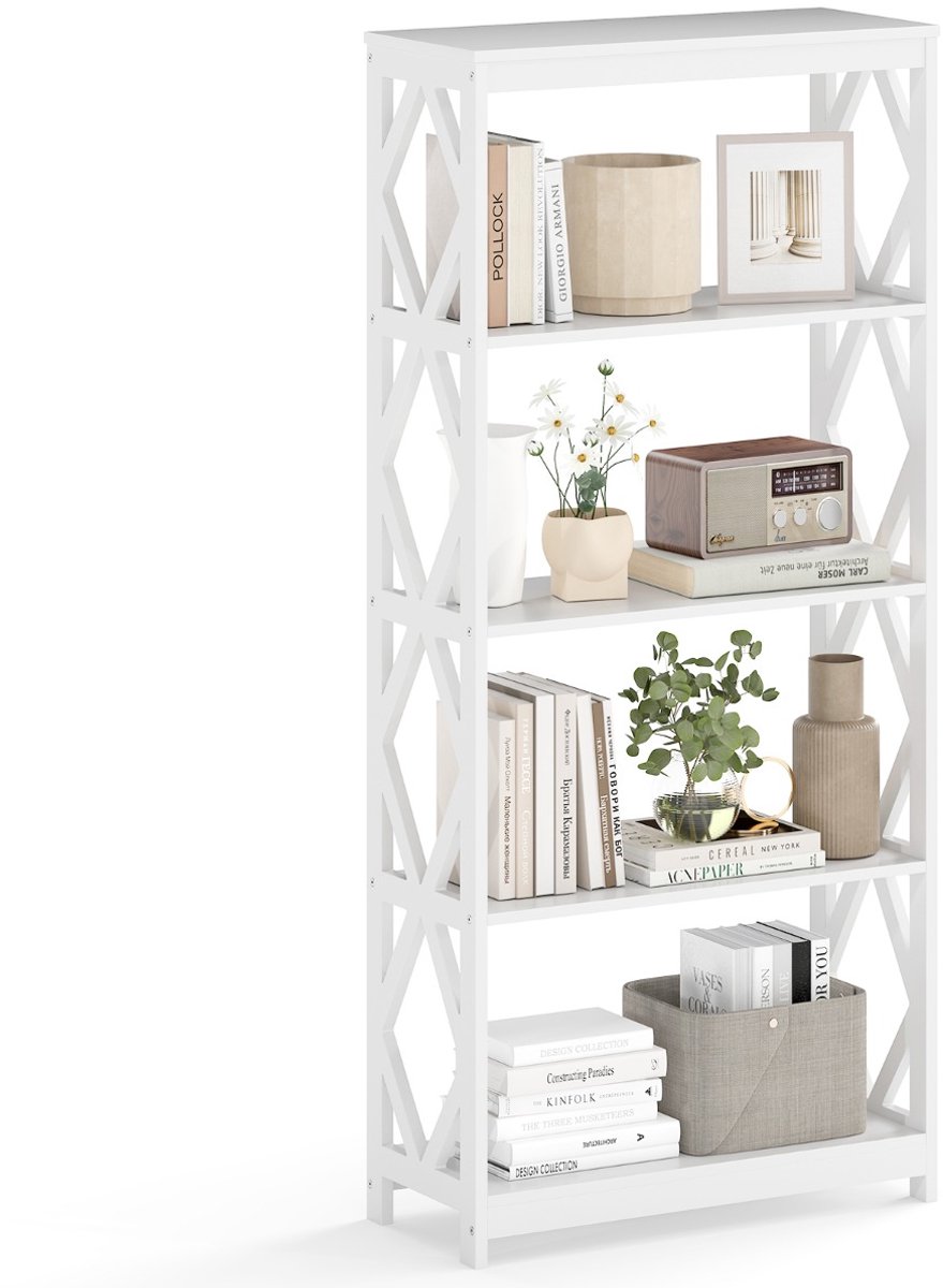 SureDeal® - Boekenkast, 5 verdiepingen, open houten rek met ruitvormige structuur, staand rek, wit, vrijstaand opbergrek voor keuken, woonkamer en slaapkamer, 70 x 30 x 155 cm