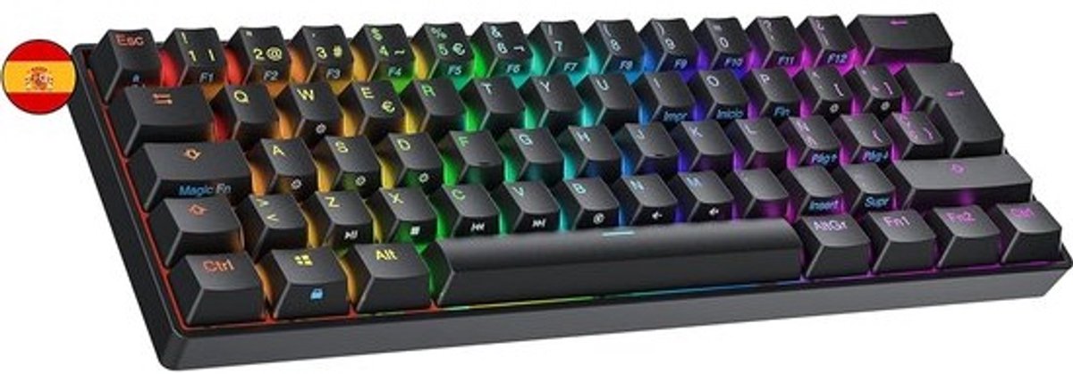 Hotswappable Mechanisch Gaming Toetsenbord 60% | 62 Toetsen met RGB Achtergrondverlichting | QWERTY ISO ES Layout (Zwart)